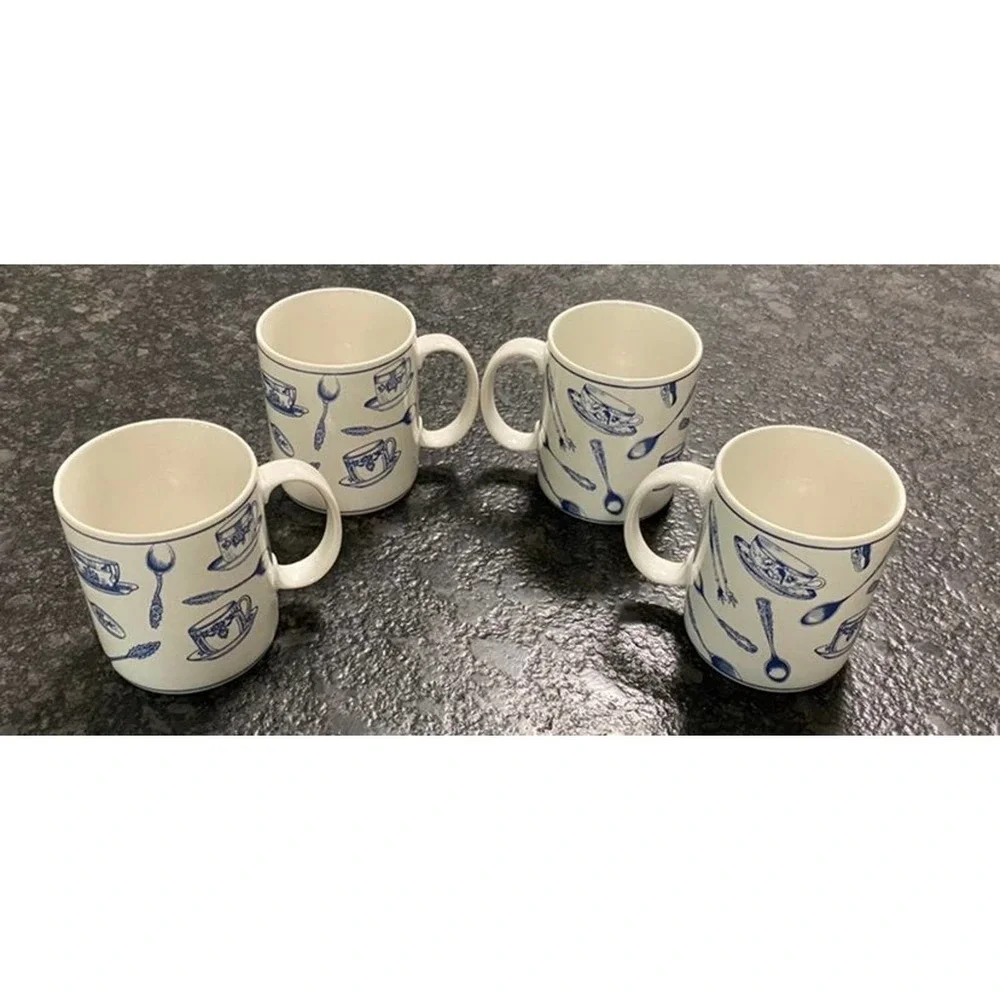 Set of 4 Fitz & Floyd‎ Omnibus Habitat Americana Colony Blue Mugs